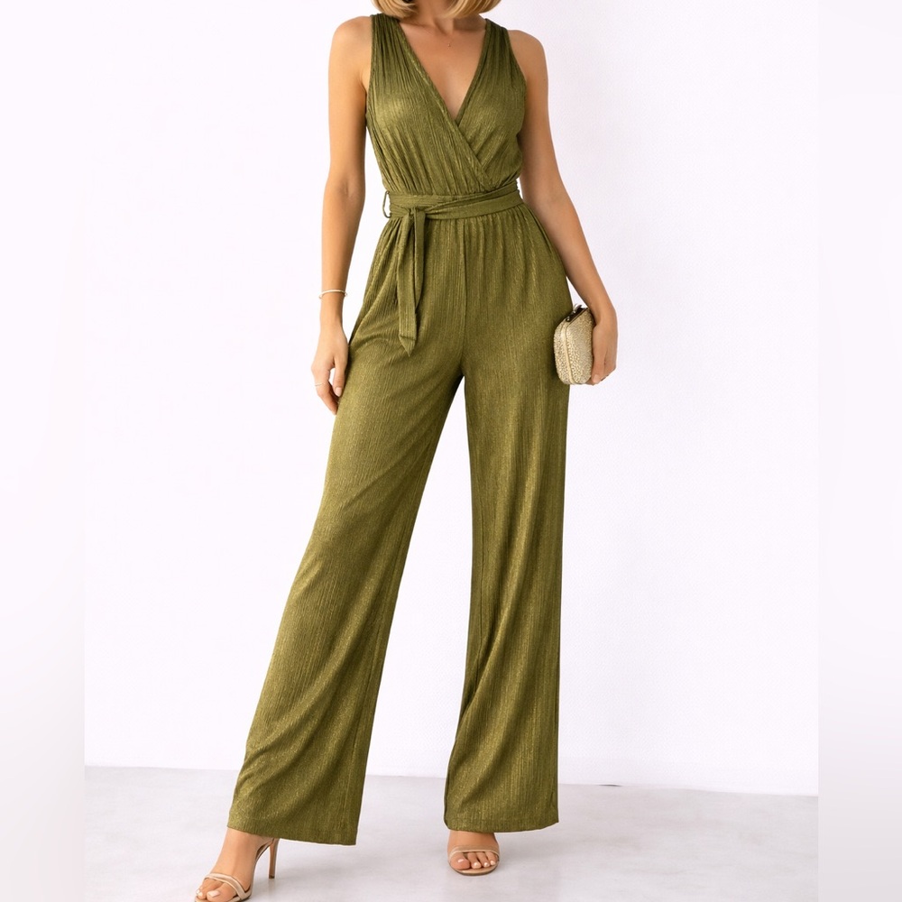 Boohoo Olive Pleated Shimmer Jumpsuit Wide Leg Tie Waist Size 6